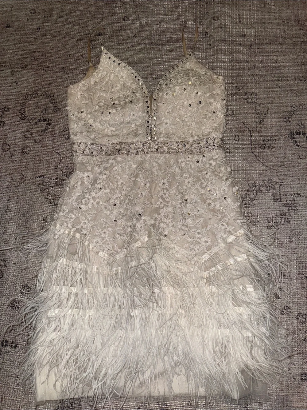 Custom Ivory Embellished Lace & Feather Mini Dress - Picture 4 of 11